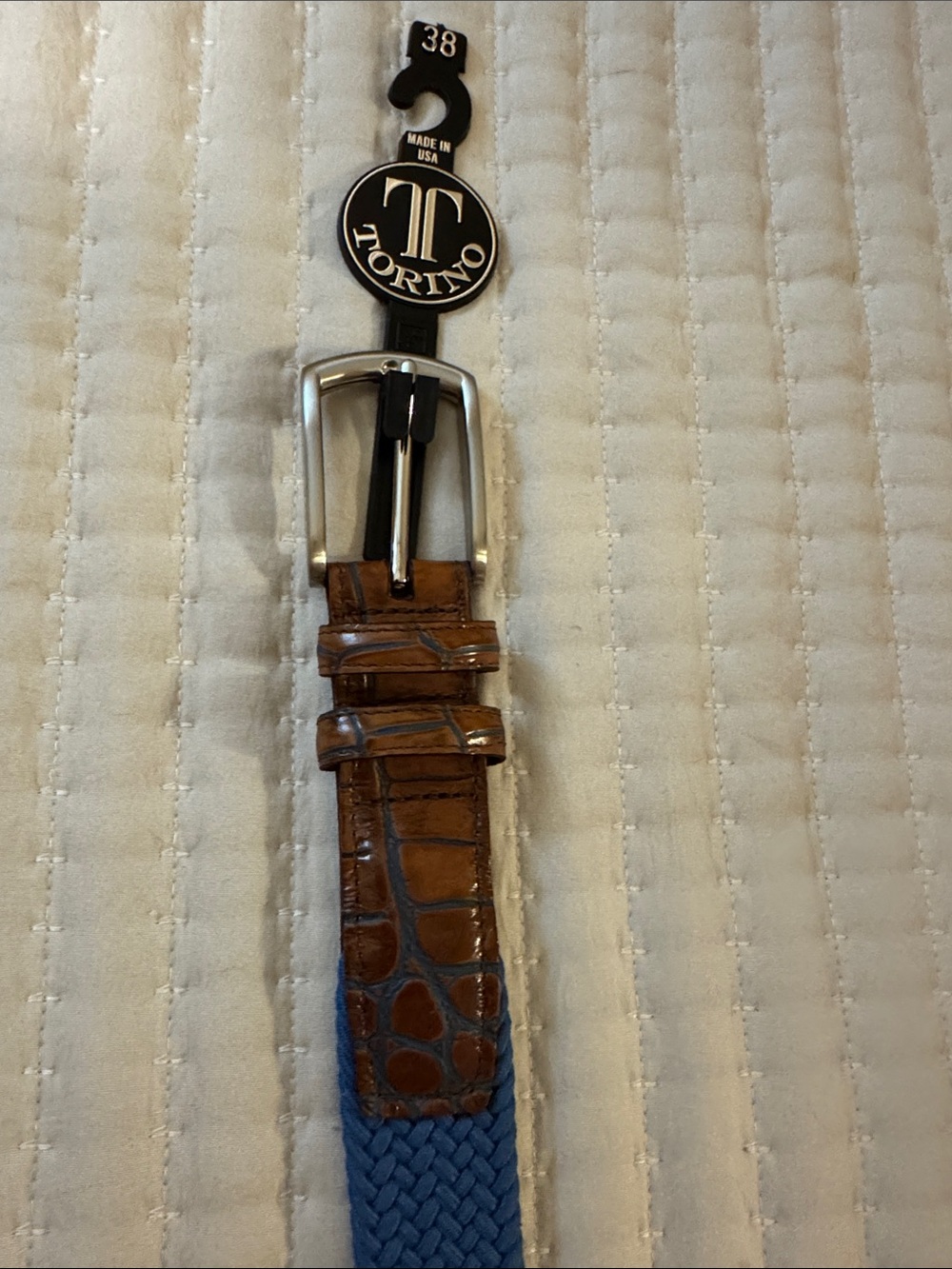 Torino Men’s Brown Leather & Blue Woven Belt - Size 38